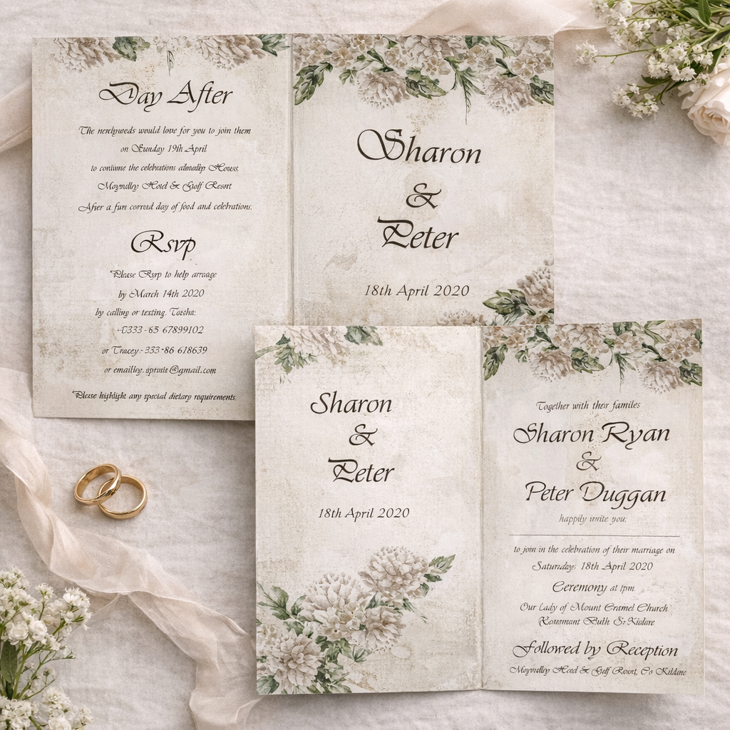 Floral wedding invitation suite with day-after information sheet and rings