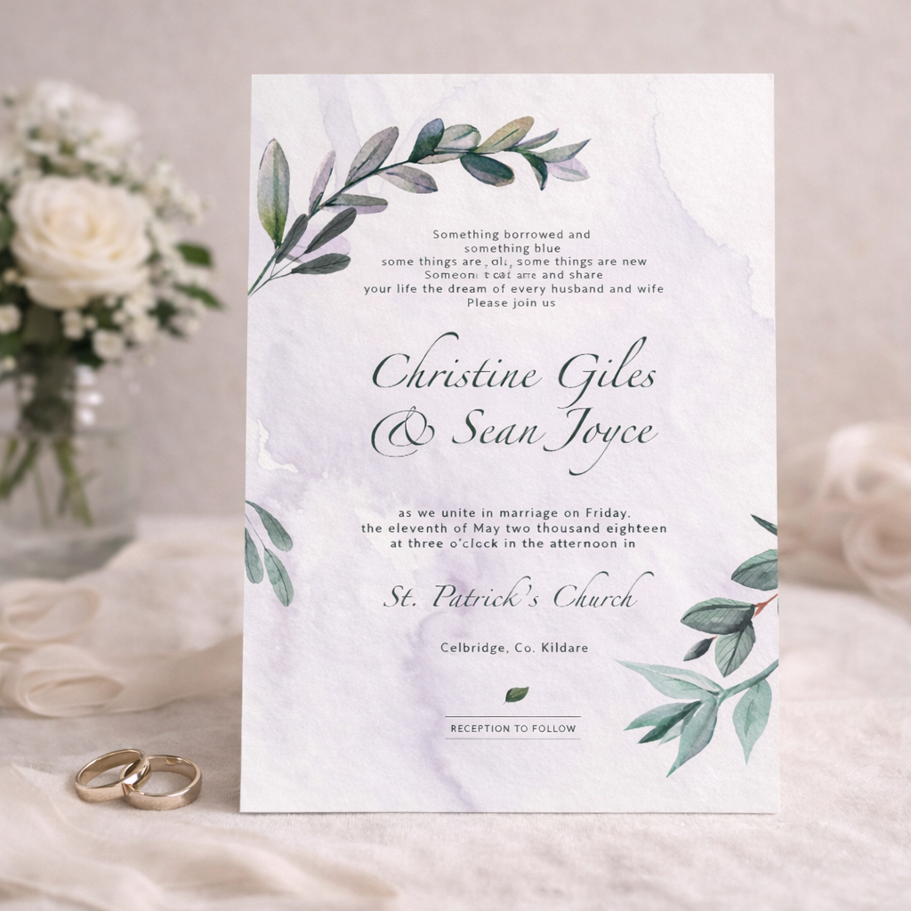 Green leaf wedding invitation card beside white roses