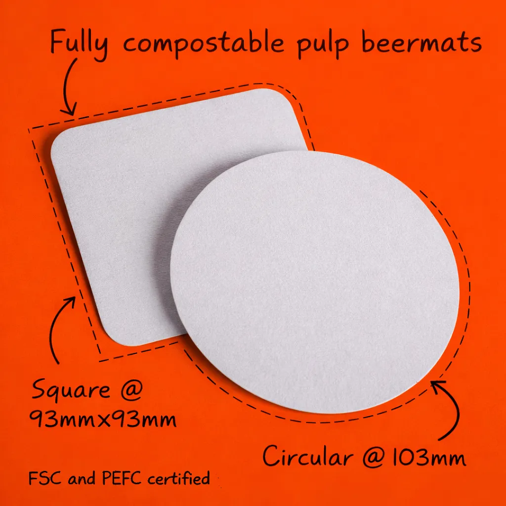 Compostable pulp beer mats in square and circular shapes with FSC and PEFC certification
