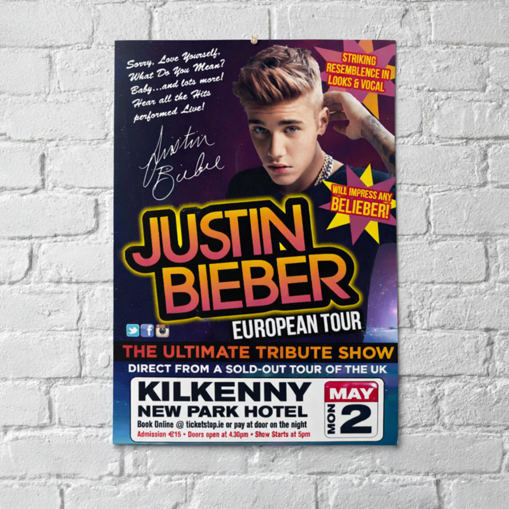 Justin Bieber tribute show poster for Kilkenny New Park Hotel