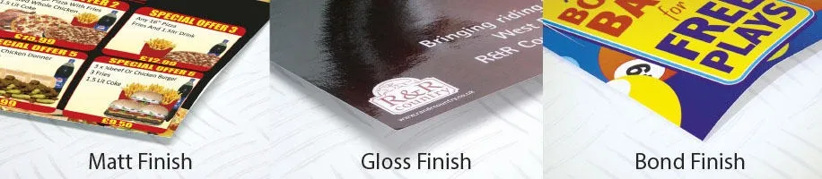 Three printed samples labelled matt finish, gloss finish and bond finish