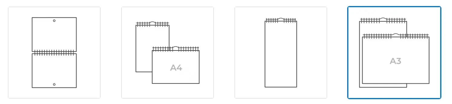 Wire-bound calendar sizes: A6, A5, A4 and A3 formats