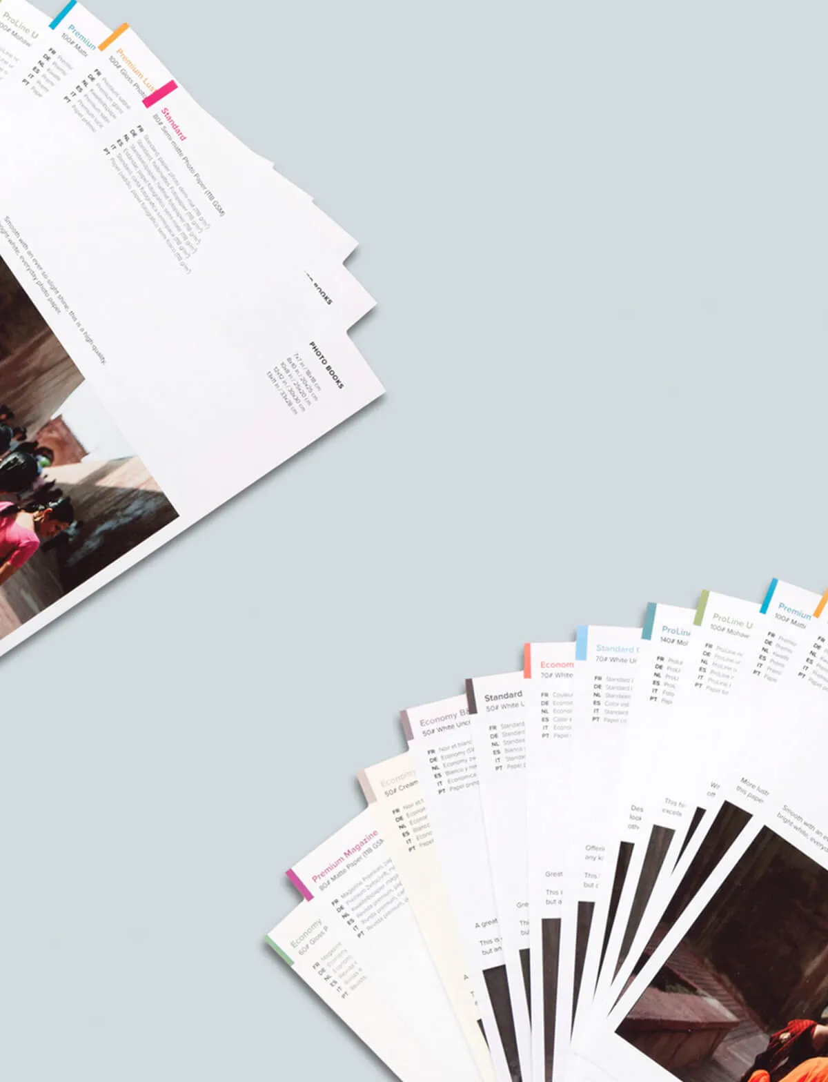 Fanned paper swatch samples showing different stocks and colours