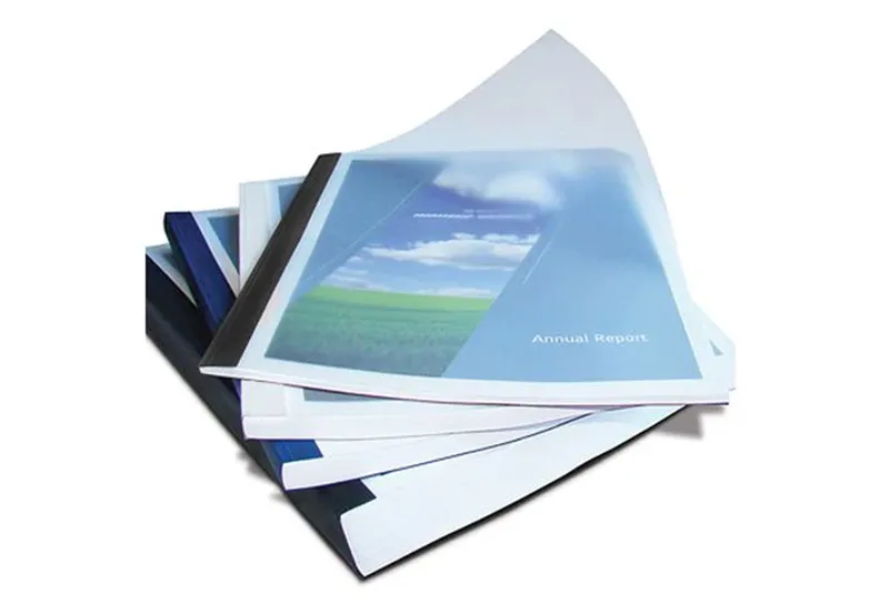 Stack of bound annual reports with printed covers
