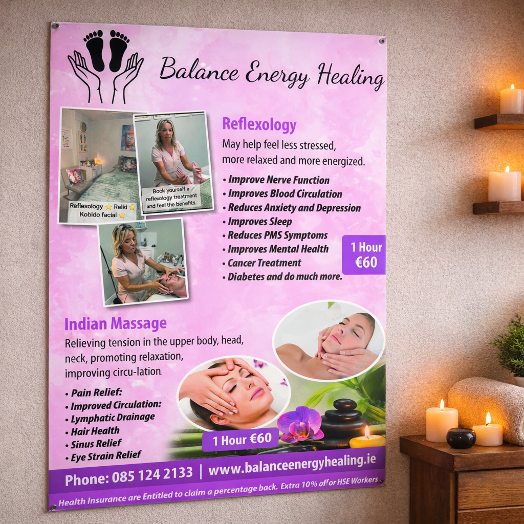 Balance Energy Healing poster on a treatment room wall
