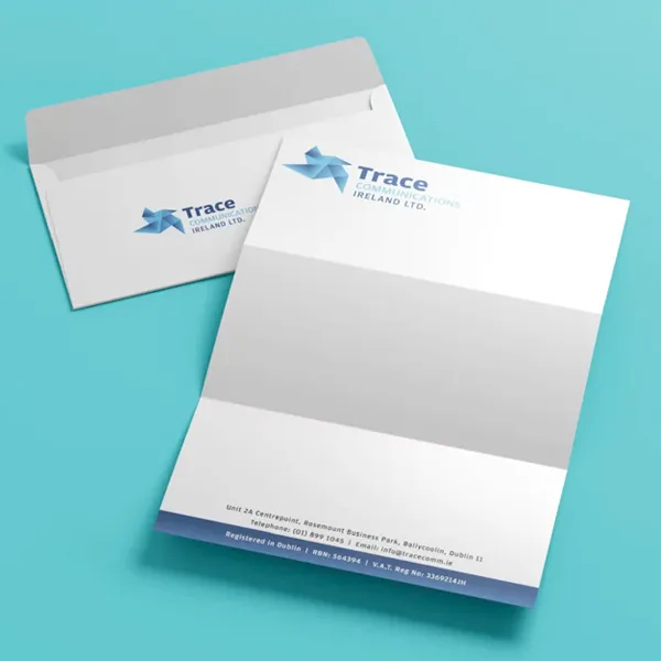 Trace Ireland branded letterhead and matching envelope