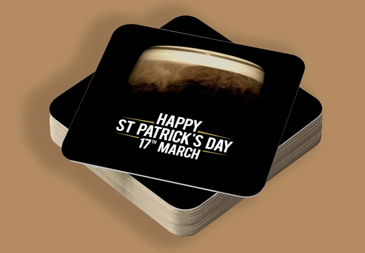 Stack of Happy St Patrick’s Day 17th March beer mats with a pint