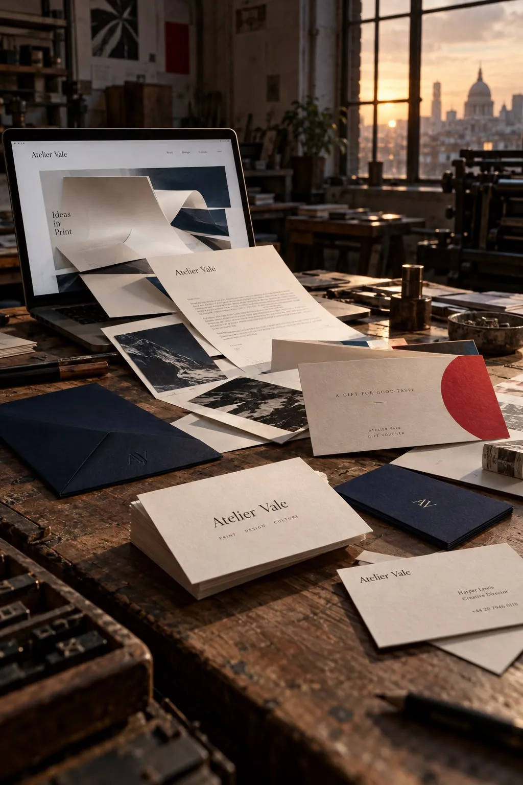 Business cards, a gift voucher and printed papers laid out on a workshop table in warm evening light