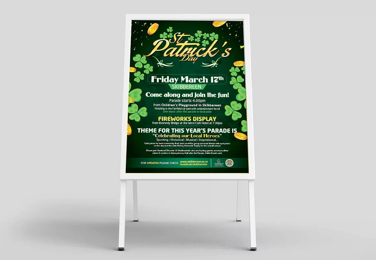 Skibbereen St Patrick’s Day parade poster on a display easel