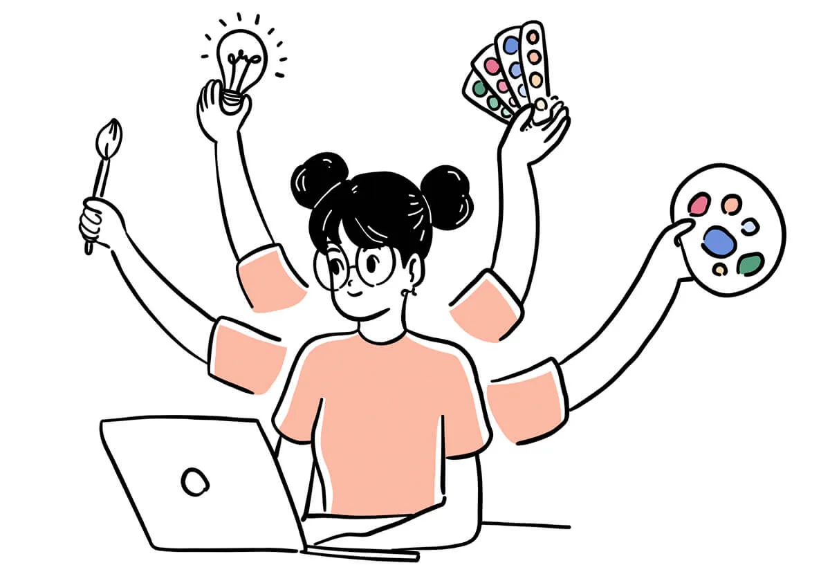 Illustration of a designer juggling creative tools
