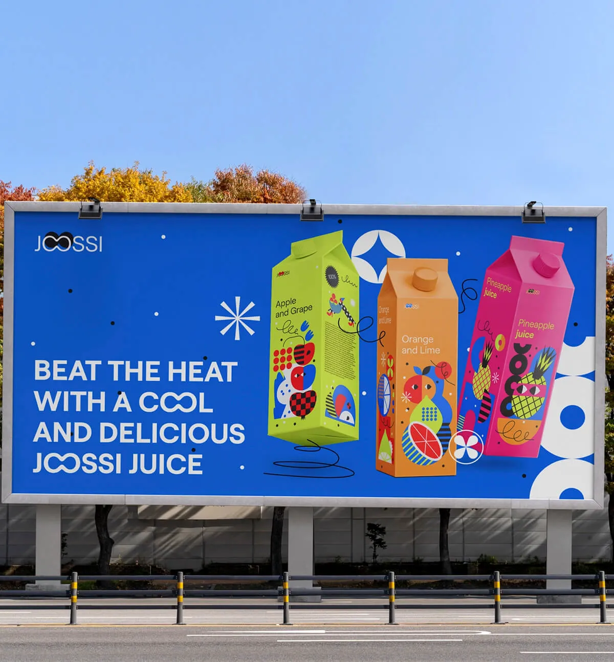 Colourful Jossi Juice billboard with consistent brand design