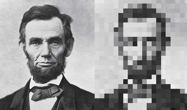 A black and white portrait shown sharp on the left and pixelated on the right