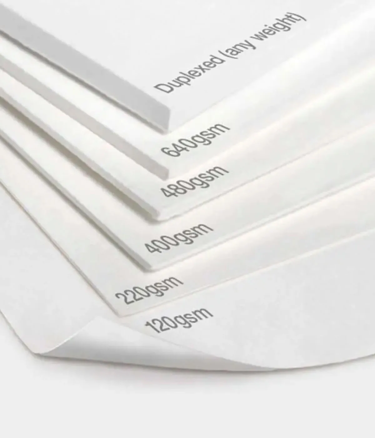 Stack of paper sheets labelled with GSM weights from 120gsm to 640gsm