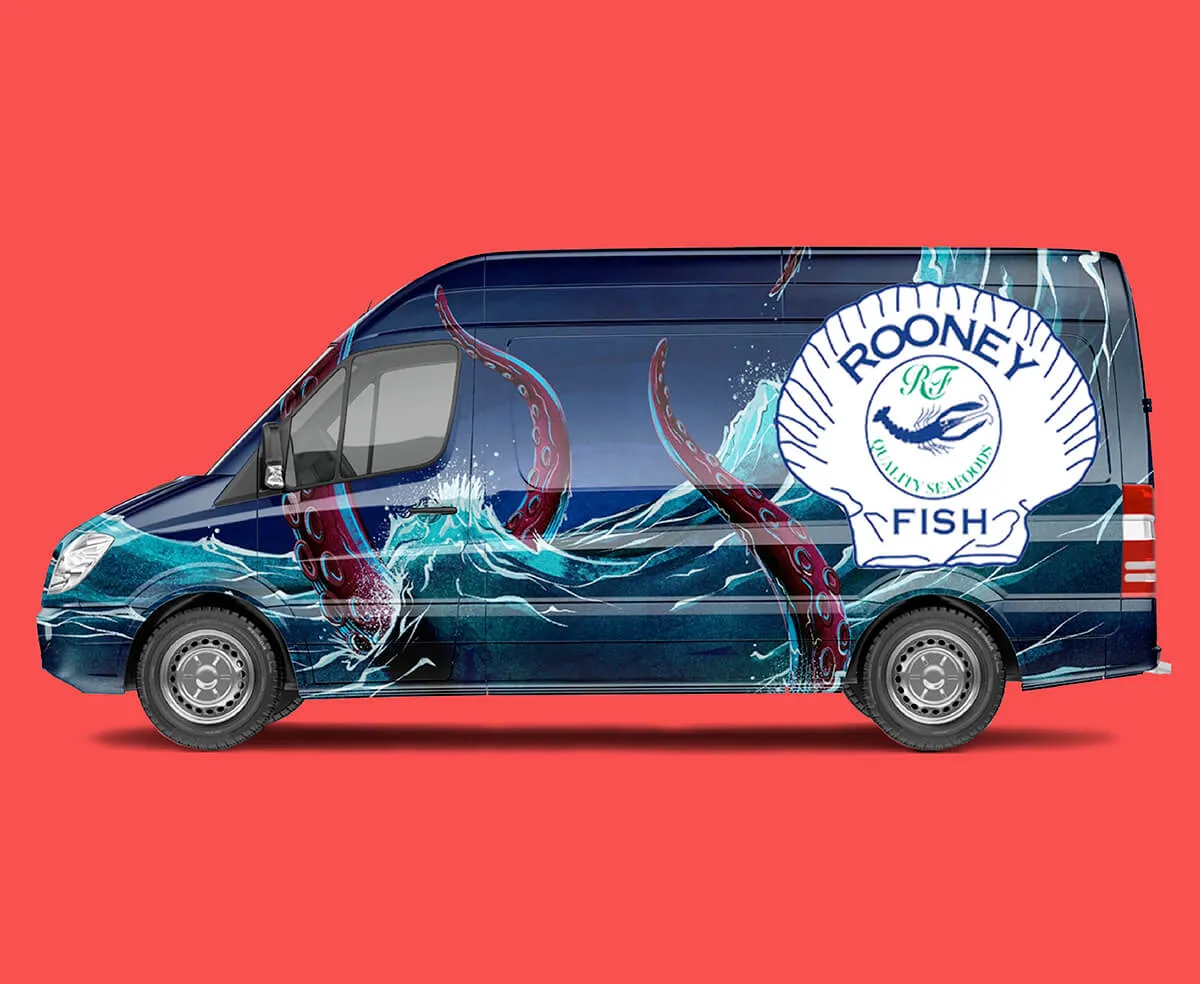 Rooney Fish custom van wrap design on a red background