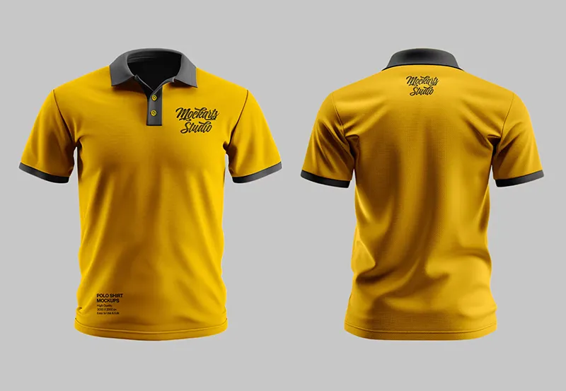 Custom printed yellow polo shirts, front and back