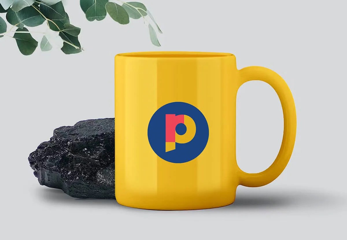 Bright yellow promotional mug printed with the Print Ready logo