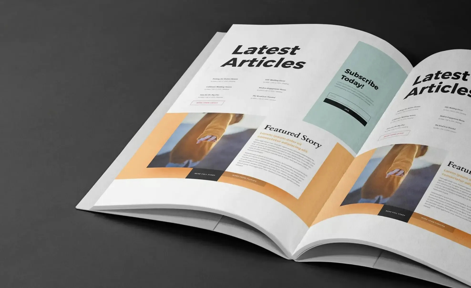 Open brochure with article layout
