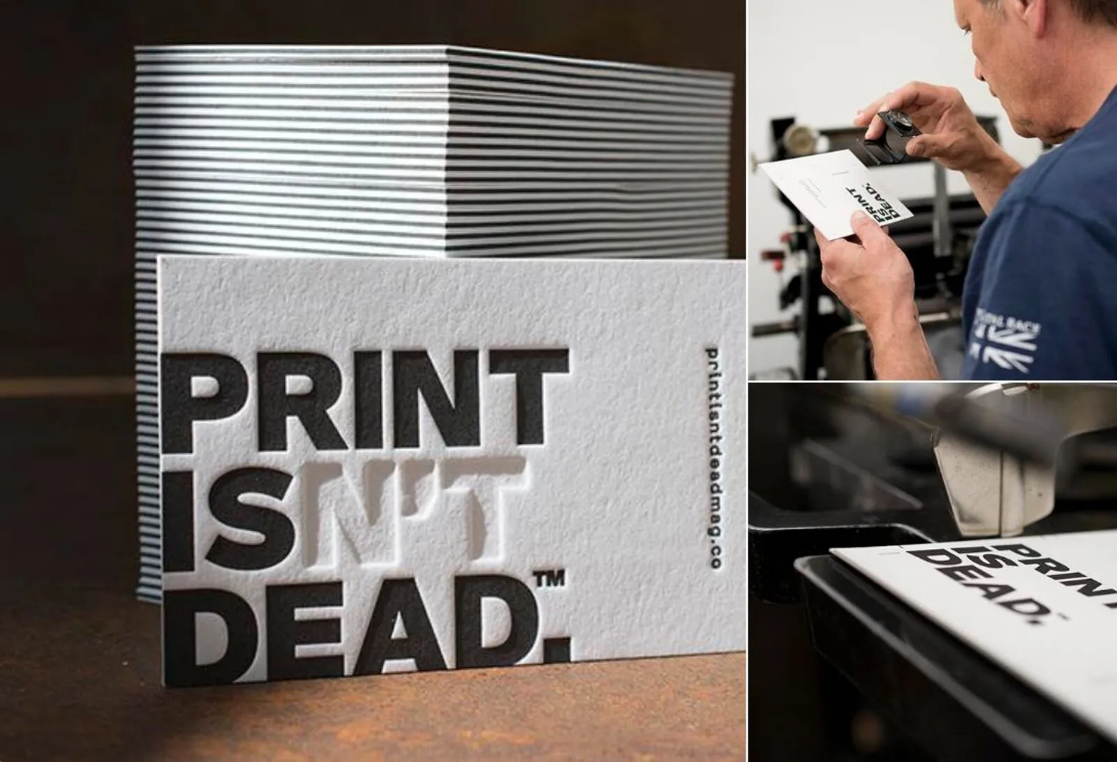A thick white letterpress business card standing in front of a stack of cards, with the words PRINT ISN'T DEAD pressed into the paper
