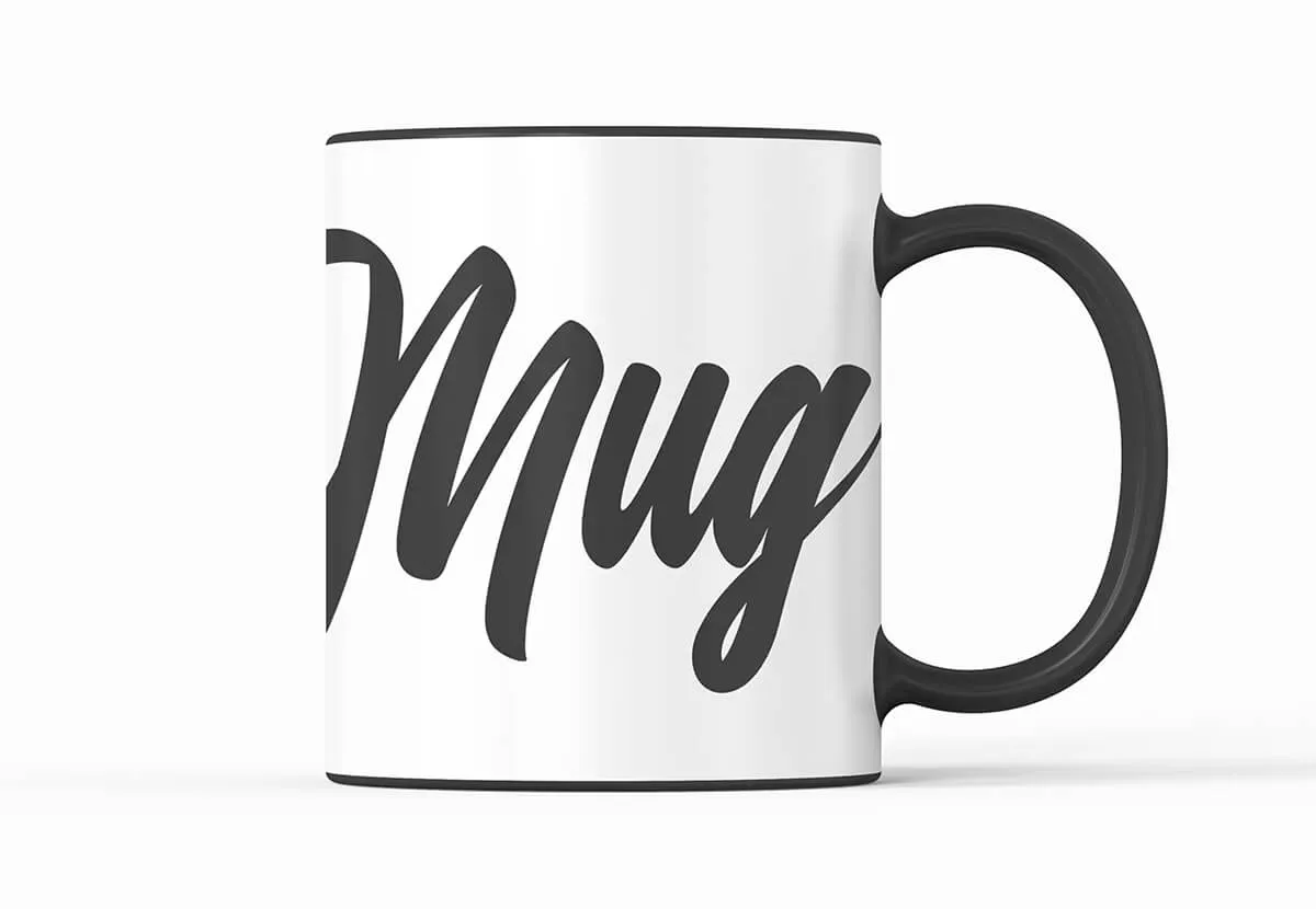 White promotional mug with elegant Mug script typography
