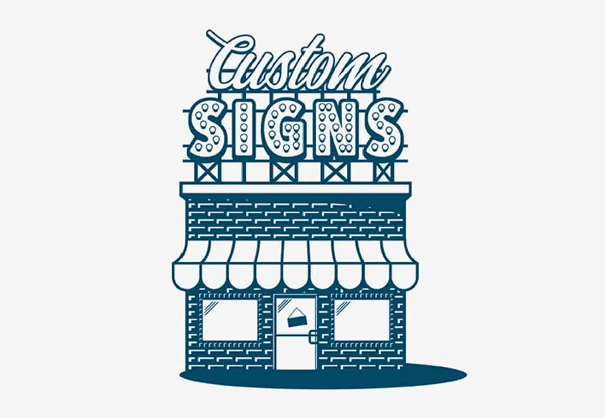 Custom signs illustration showing a shop front with signage