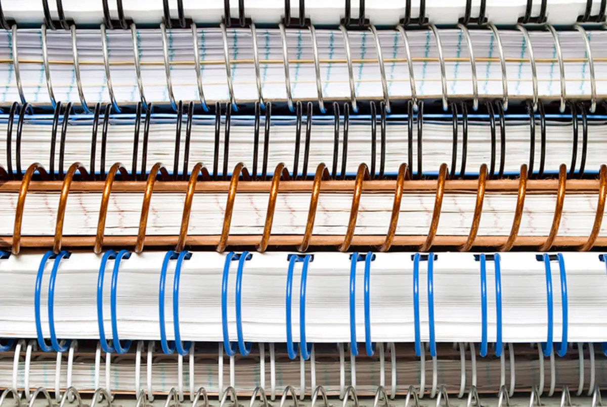 Coloured wire-o binding spines on printed brochures