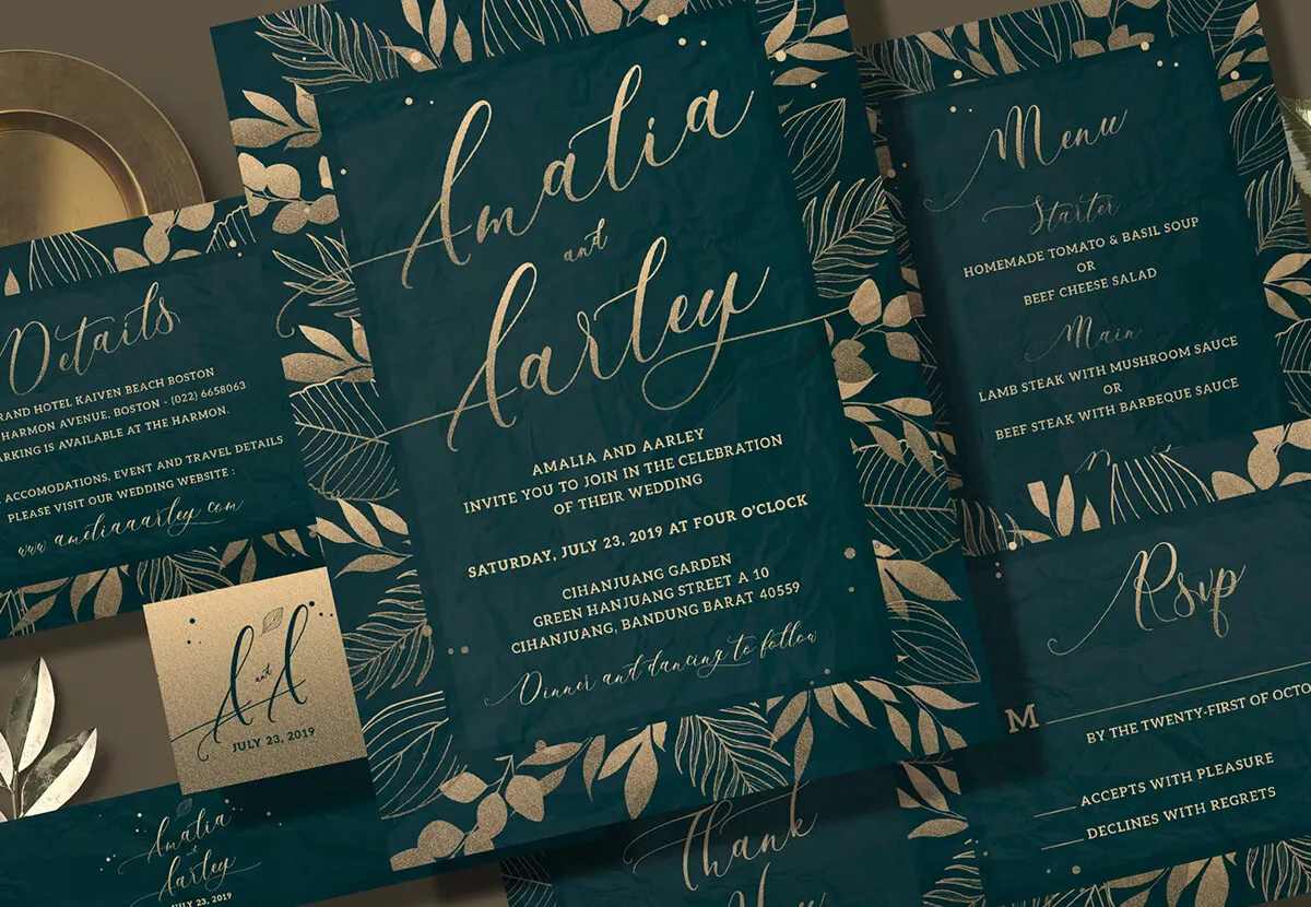 Dark green and gold wedding invitation suite with metallic accents