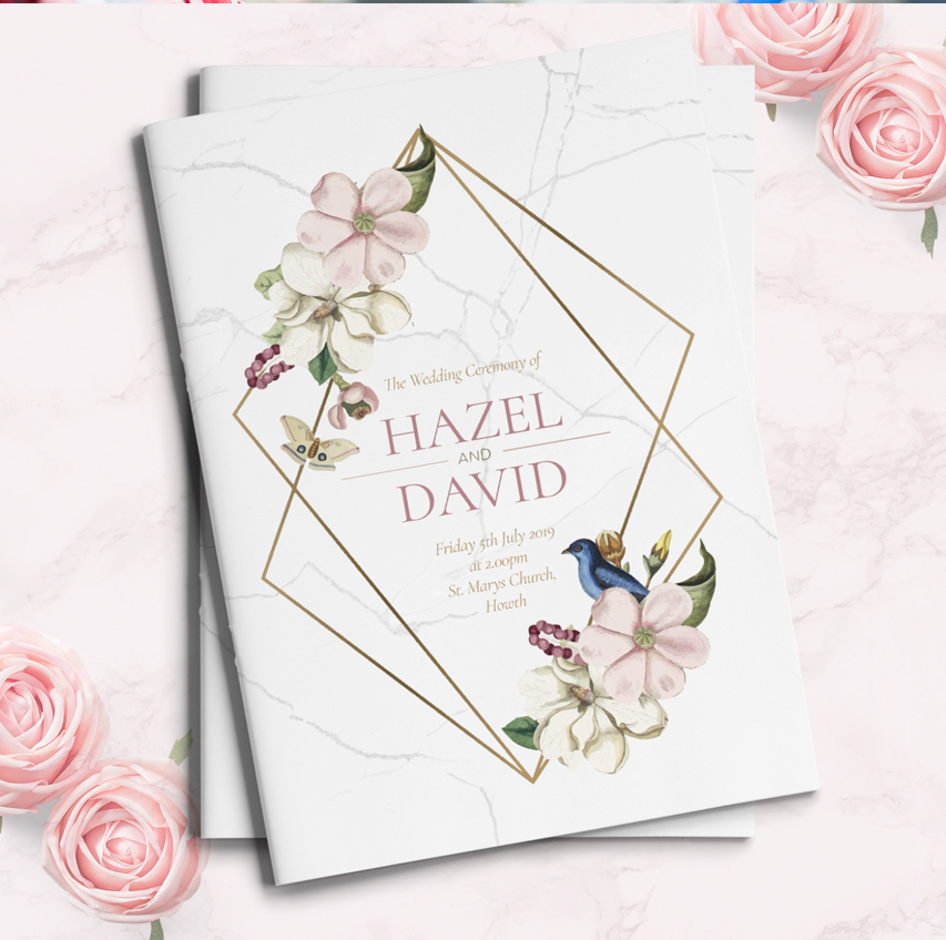 Floral and marble wedding mass booklet with pink roses