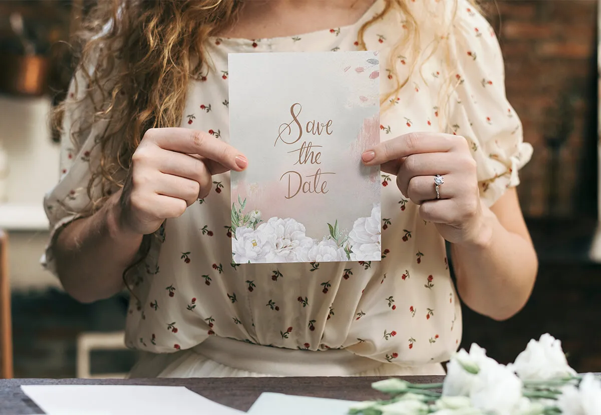 Bride holding a floral Save the Date card with elegant script typography