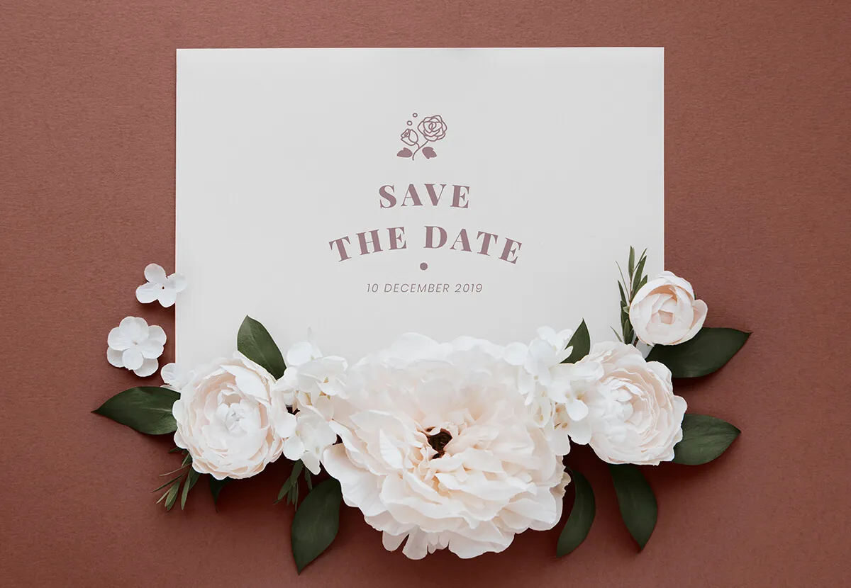 Floral Save the Date card with white peonies