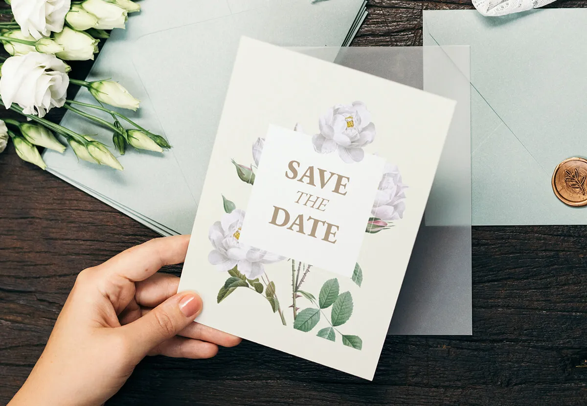 Floral Save the Date card with vellum envelope and wax seal