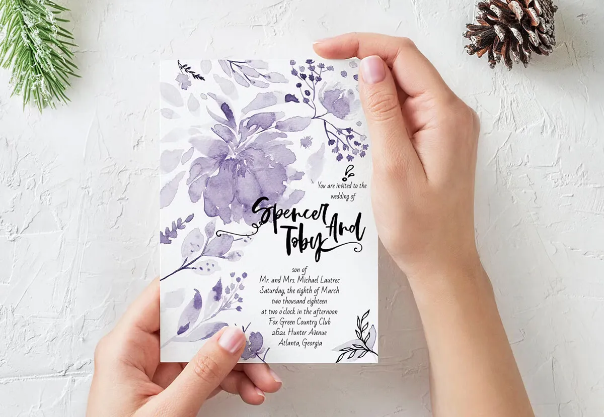 Purple watercolour floral wedding invitation