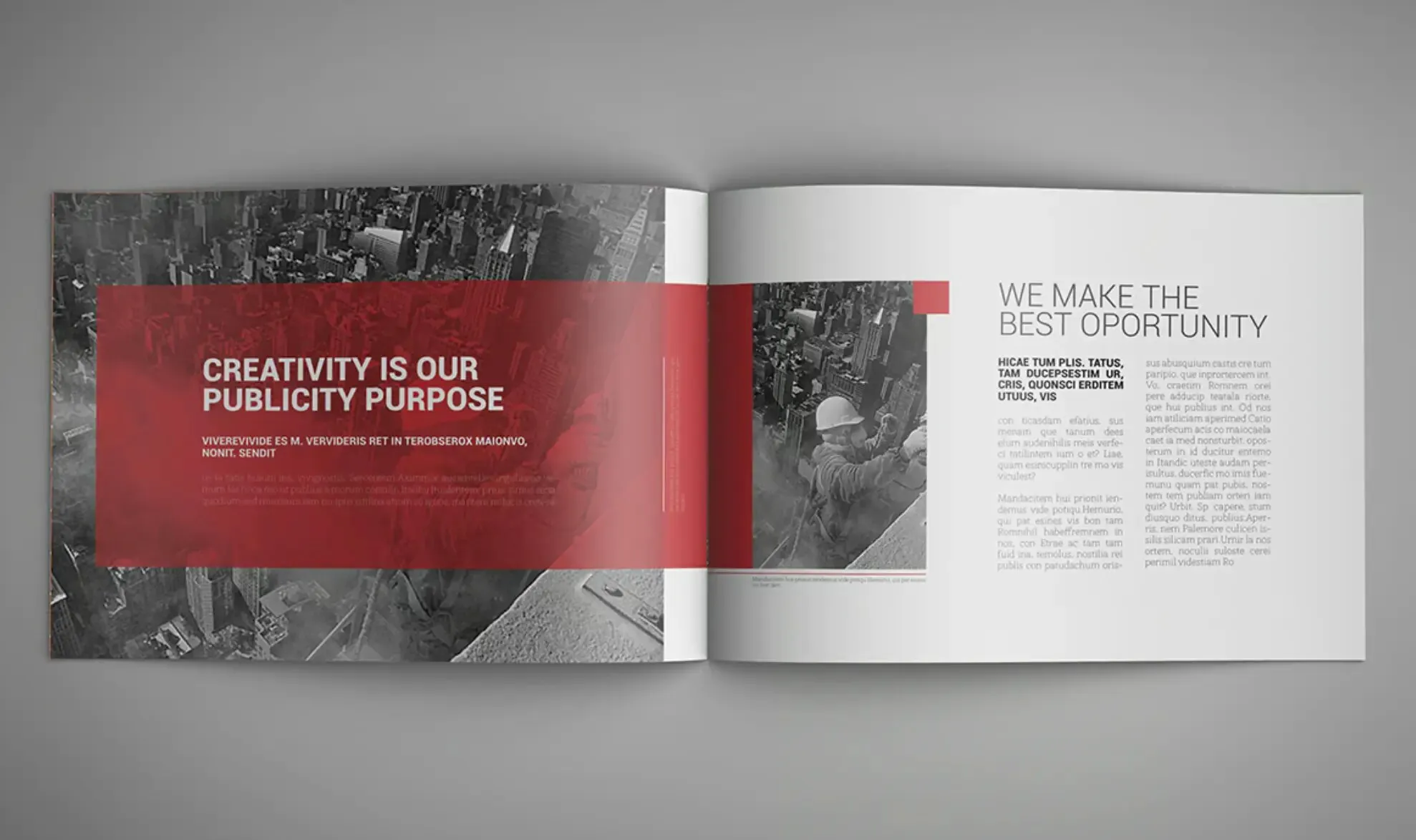 Brochure spread with bold red design