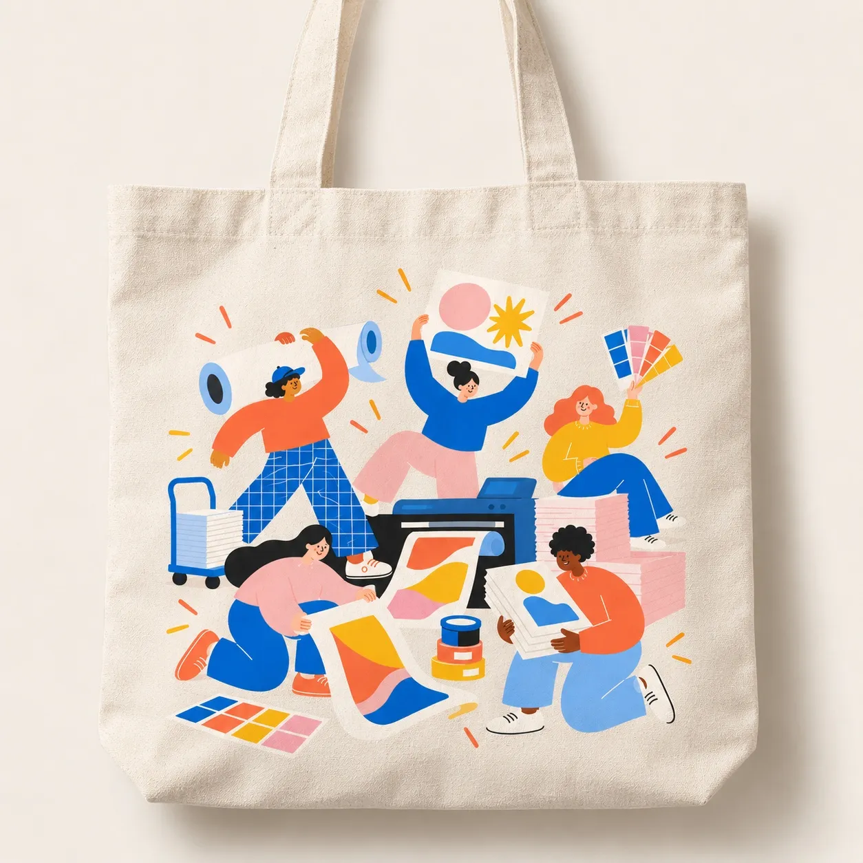 Custom printed tote bag with colourful printing artwork