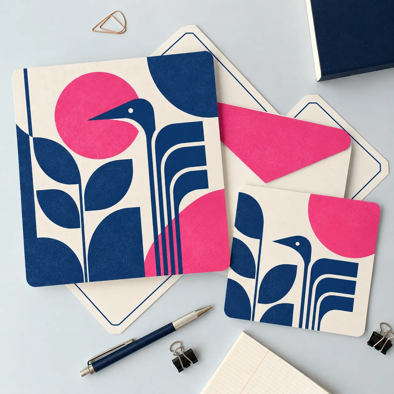 Colourful greeting and promotional cards with bold retro geometric designs