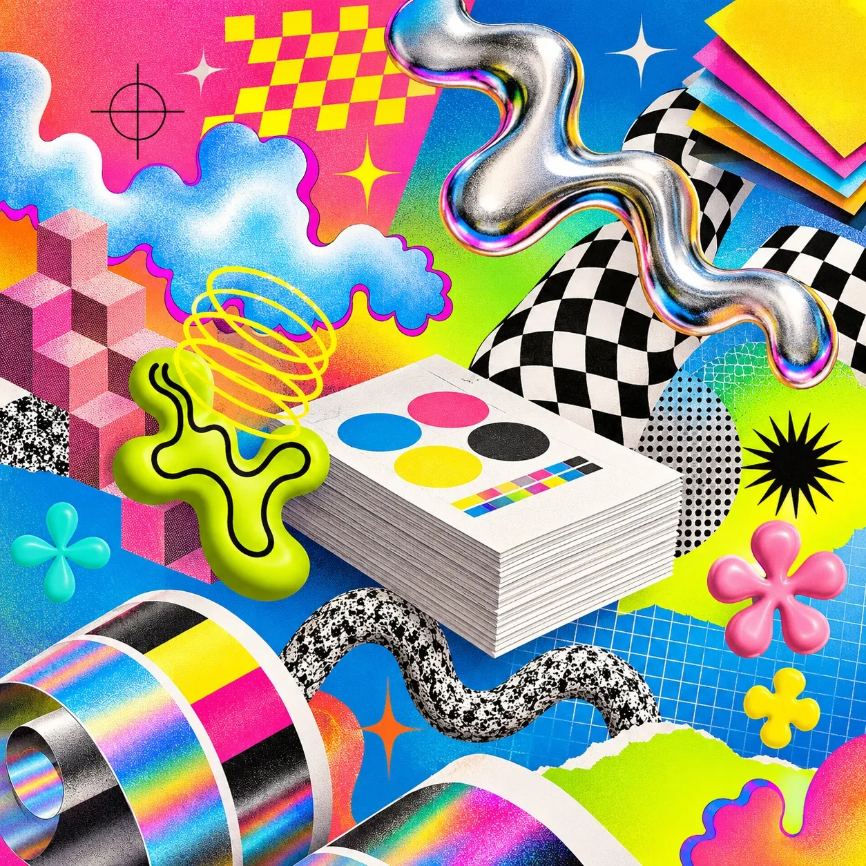Colourful document printing artwork with printed sheets and graphic shapes