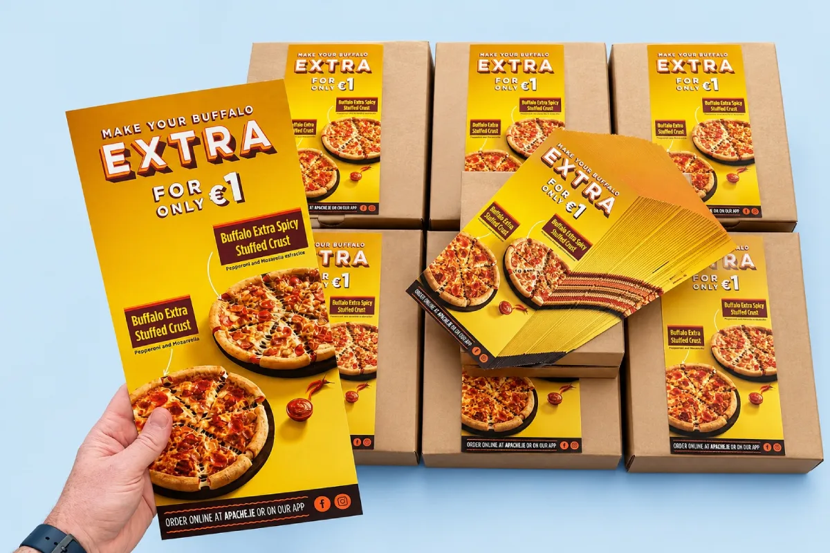Apache Pizza A3 roll-fold menus produced by Print Ready