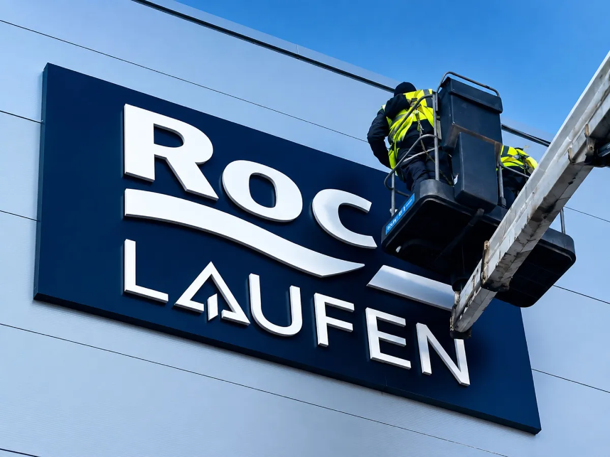 Roca Tiles exterior aluminium building sign with raised white lettering installed by Print Ready