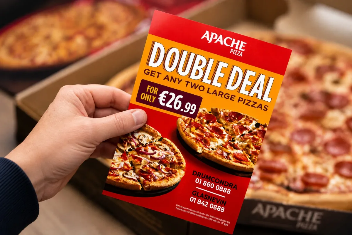 Apache Pizza A3 roll-fold menus produced by Print Ready
