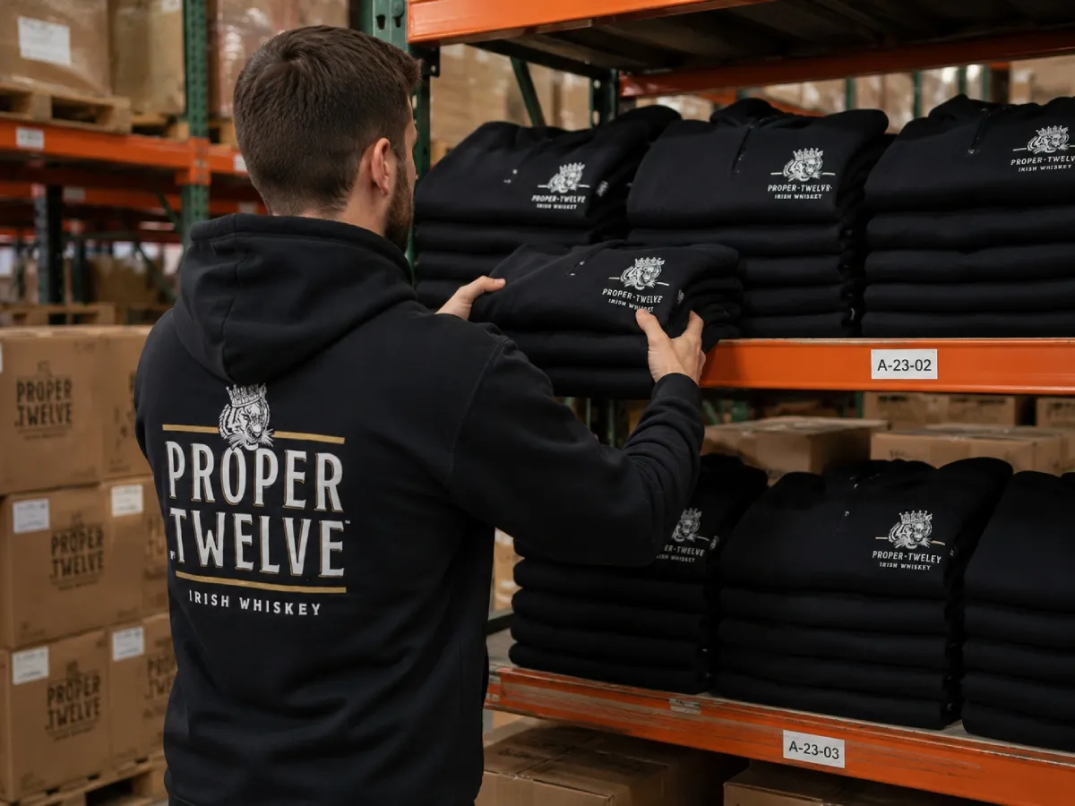 Proper No. Twelve branded hoodies screen-printed and packed for distribution by Print Ready
