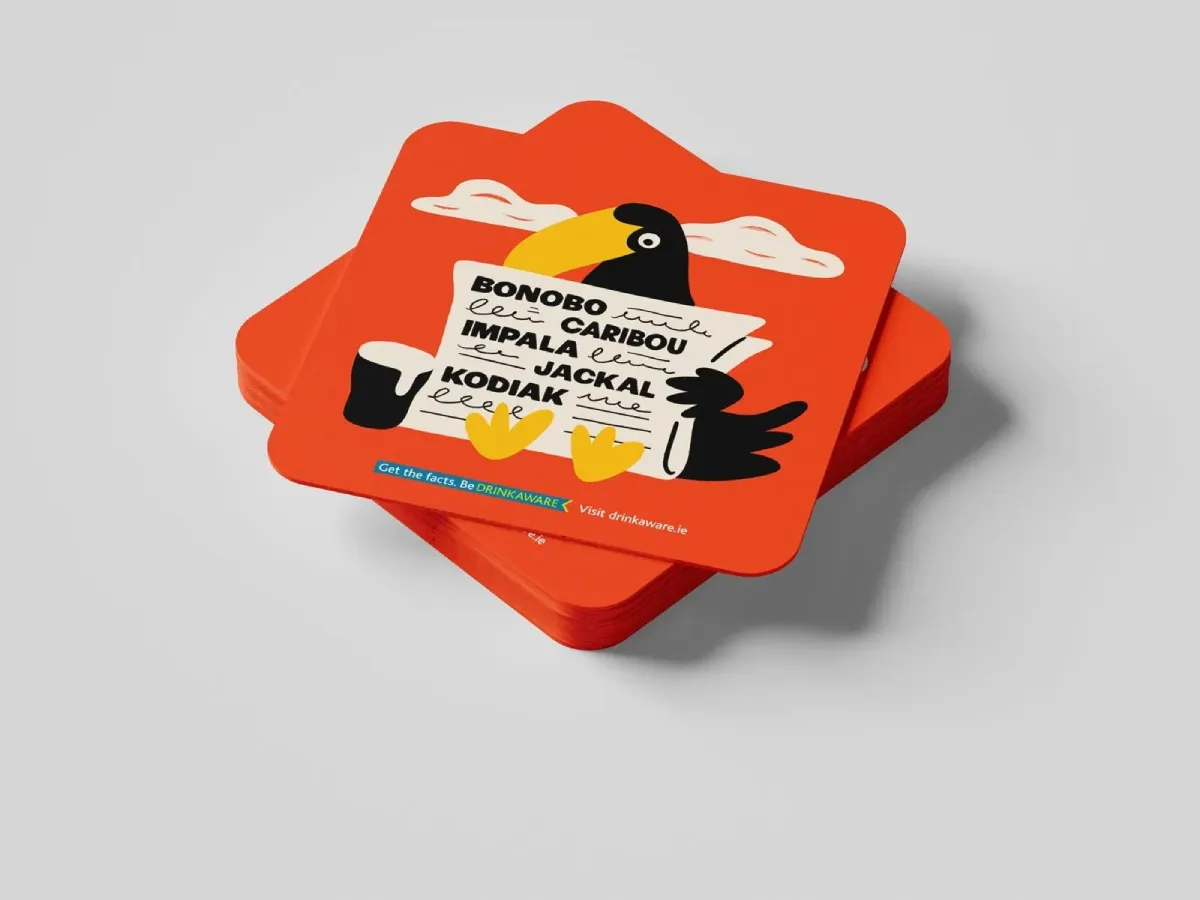 The Animal Collective illustrated beermats for Bonobo, Caribou, Impala, Kodiak and Jackal by Print Ready