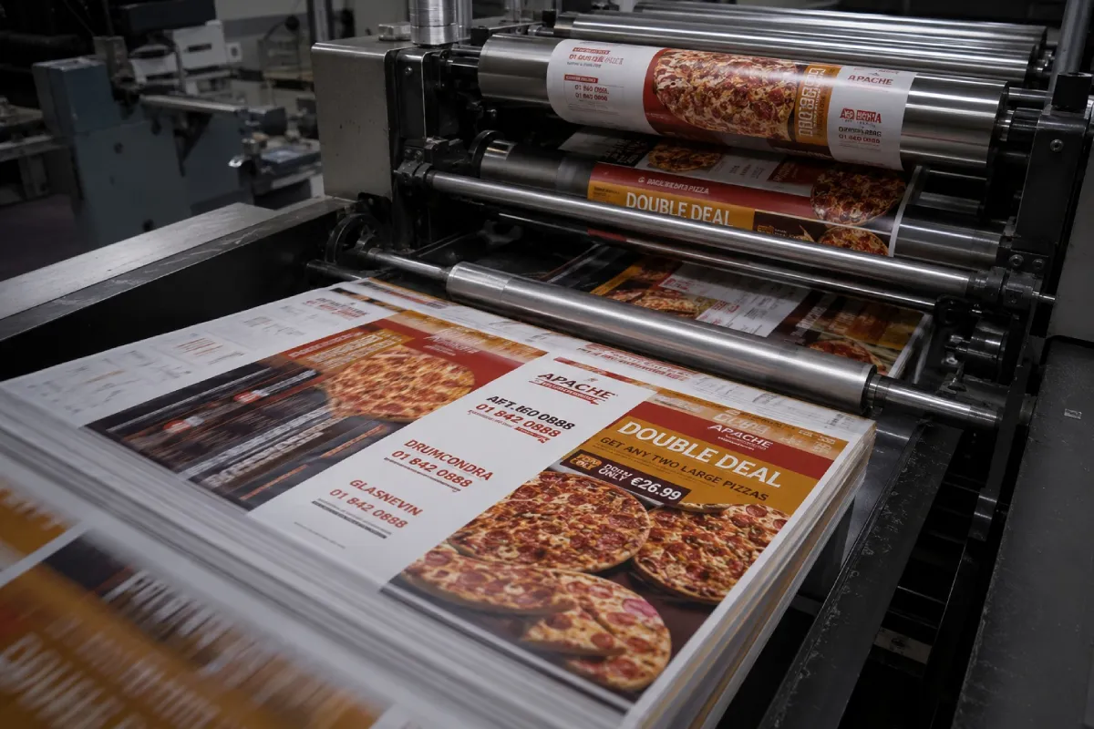 Apache Pizza A3 roll-fold menus produced by Print Ready