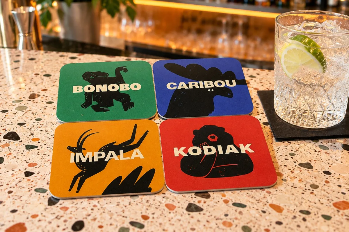 Illustrated beermats by Cathy Hogan for The Animal Collective bars, printed by Print Ready