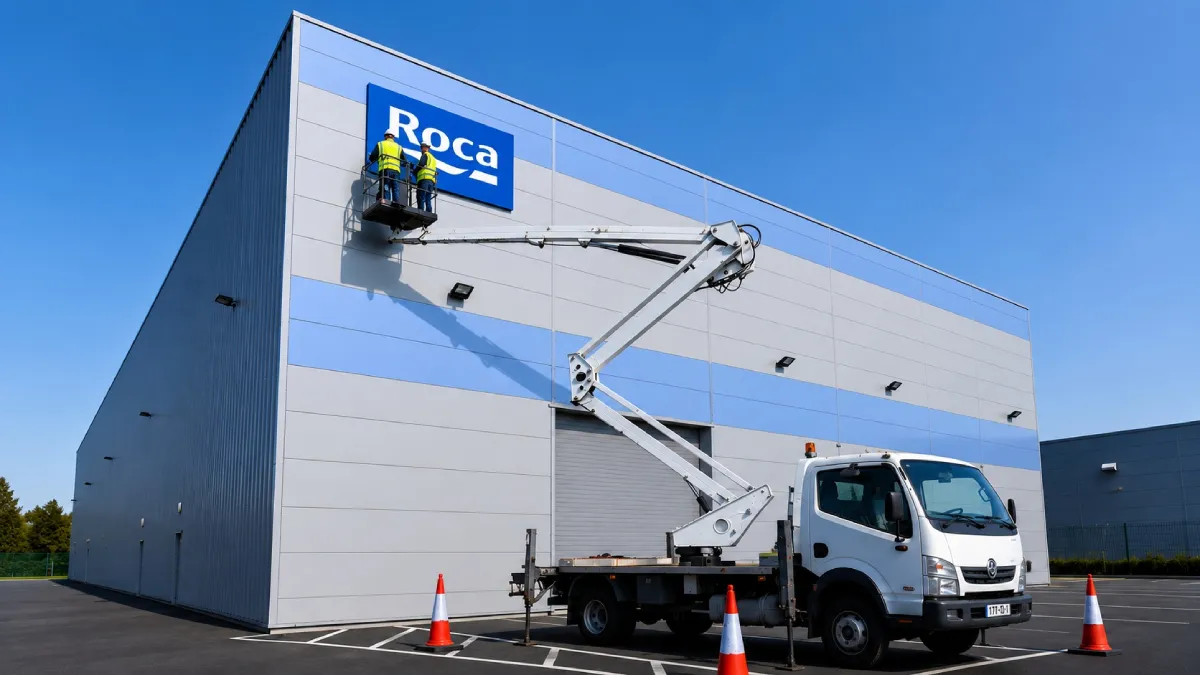 Roca Tiles headquarters in Rathcoole with black folded aluminium sign and raised white lettering by Print Ready