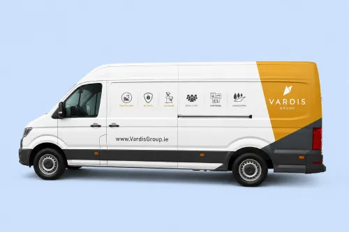 Vardis Group fleet van with new branded vehicle graphics fitted on site by Print Ready