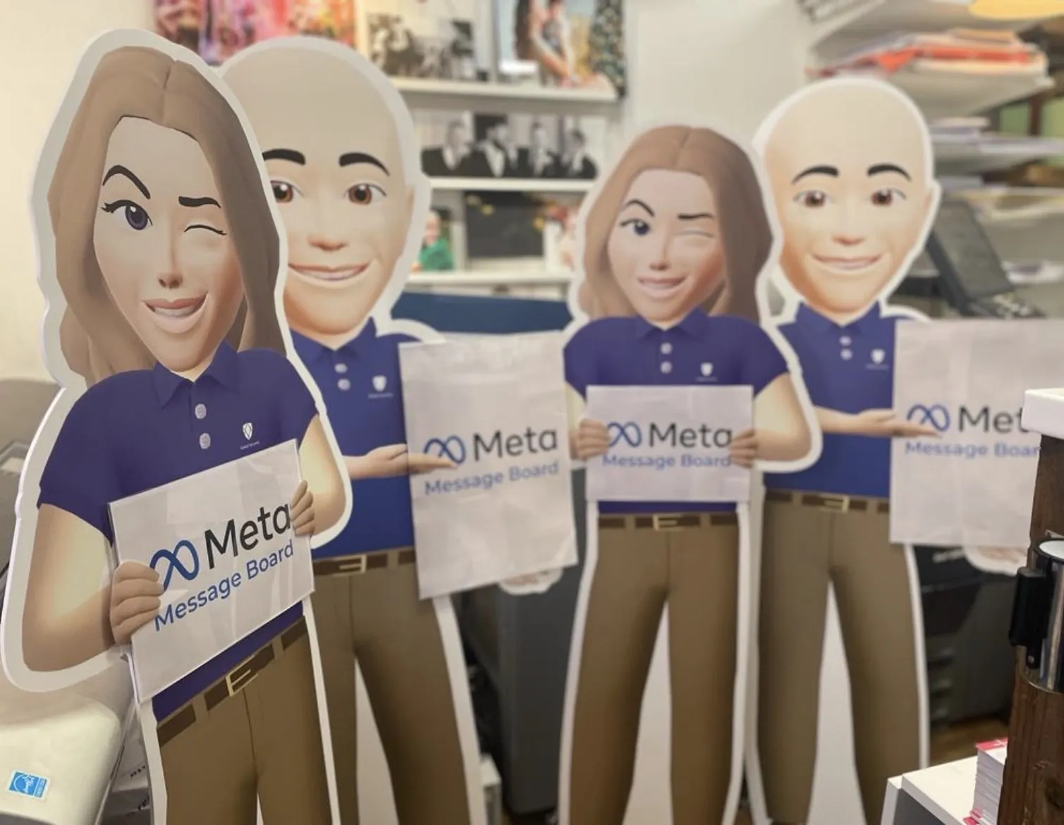 Meta avatar cut-out freestanding display with adjustable metal struts by Print Ready