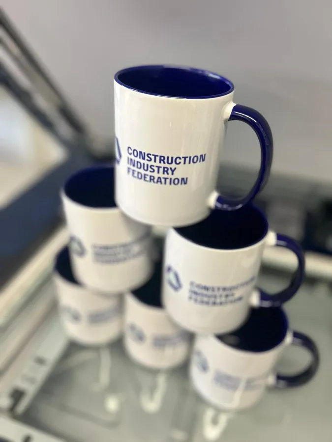 Construction Industry Federation mugs with blue trim - Print Ready