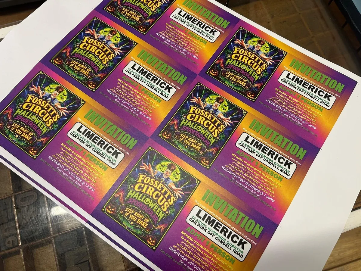 Fossett's Circus Halloween invitation tickets printed by Print Ready