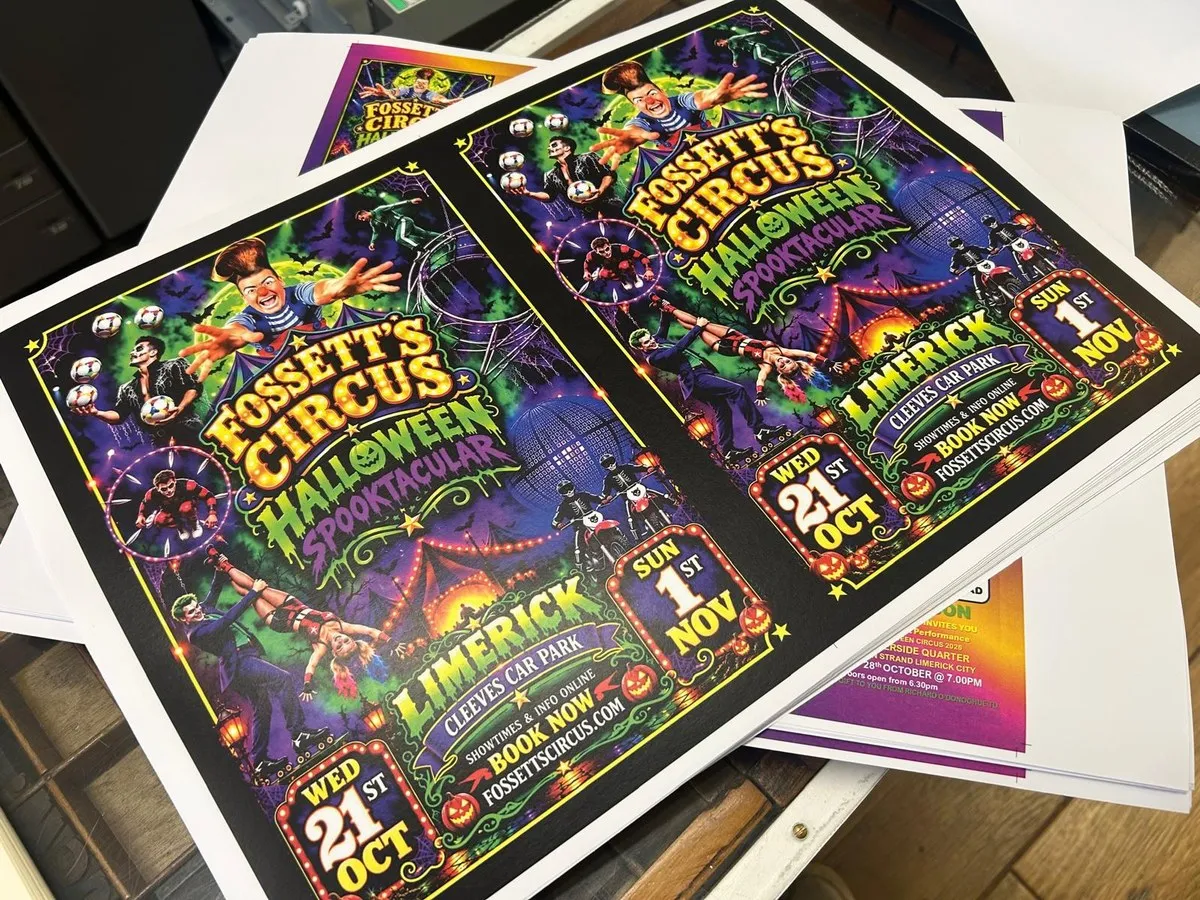 Fossett's Circus Halloween posters printed on a press sheet