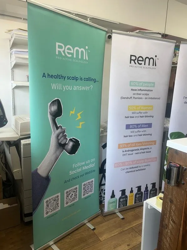 Remi pull up banners, teal and white designs