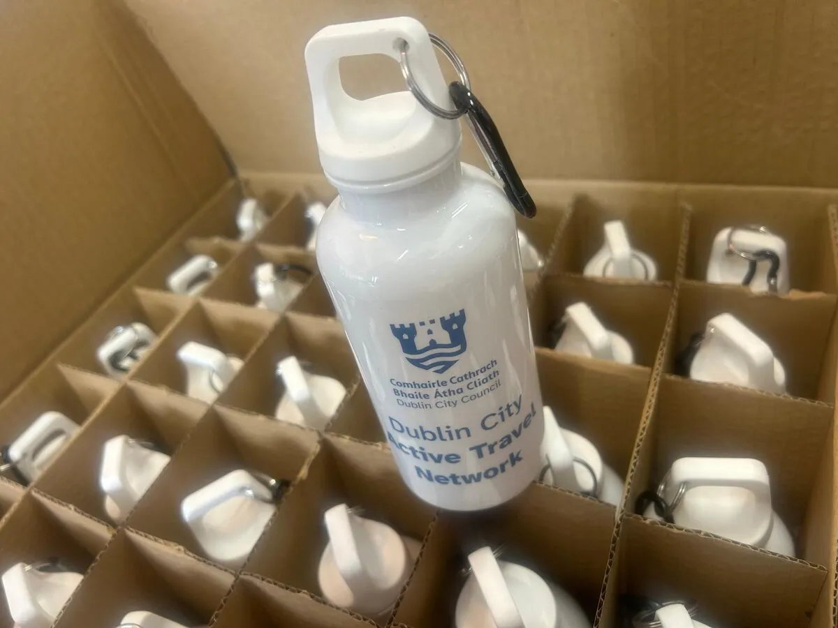 Dublin City Council Active Travel Network water bottles in a box - Print Ready